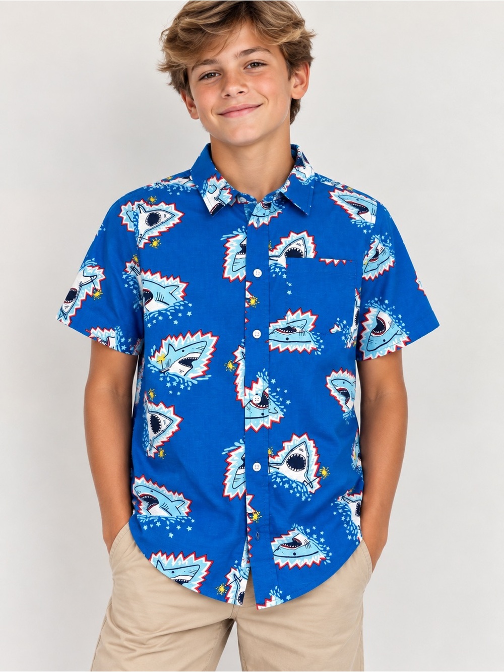 NWT Cat & Jack Boys XL 14 Blue Shark Print Button Down Shirt